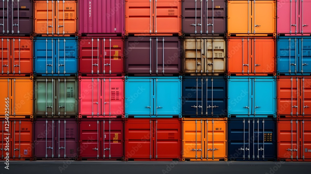 Poster aerial view of a modern cargo container yard with neatly arranged colorful shipping containers image