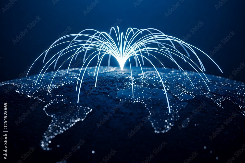 Poster a blue world map with glowing light trails radiating from a central point, symbolizing global connec