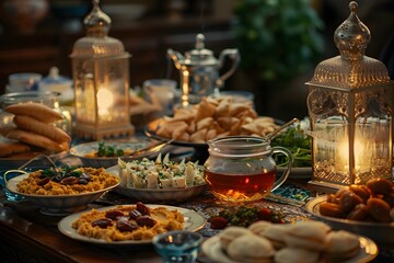 Traditional Iftar dinner table with authentic dishes beautifully served for Ramadan evening