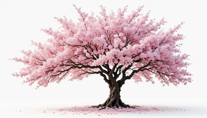 Pink cherry blossom tree in full bloom with delicate branches and petals in a seasonal nature illustration, on white background