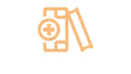 Icon books medical is made of yellow grains of sand. Some grains of sand fall down. Transparent background. Black