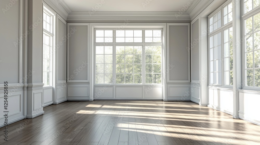 Poster sunlight pours into the spacious, vacant room through large windows, highlighting the elegant wooden