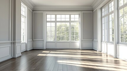 Obraz premium Sunlight pours into the spacious, vacant room through large windows, highlighting the elegant wooden floors and subtle architectural details, creating a tranquil atmosphere perfect for any purpose