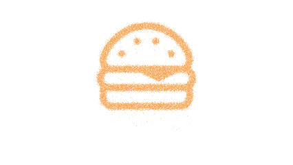 Icon cheeseburger is made of yellow grains of sand. Some grains of sand fall down. Transparent background. Black