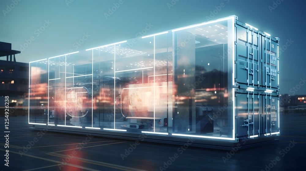 Poster a digital futuristic cargo shipping concept featuring transparent containers and advanced tracking t