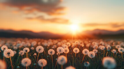 A serene sunset casts a warm glow over a field of dandelions, creating a peaceful and picturesque scene in nature.