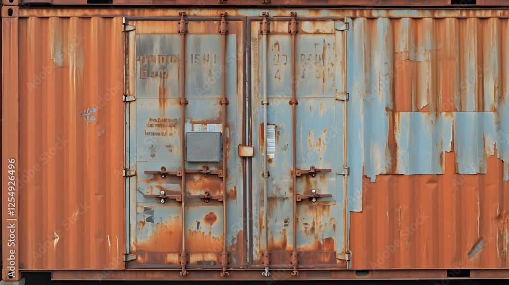 Poster close up of a heavily worn and weathered shipping container with intricate rust patterns textured me