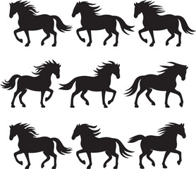Big set of horses silhouettes, vector illustration and Isolated on white Background