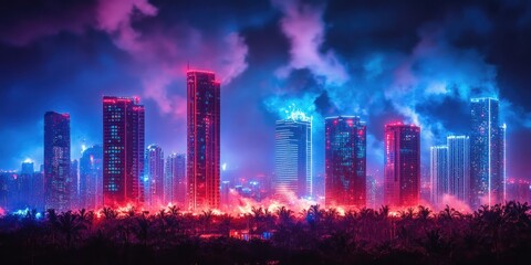 Fototapeta premium Neon cityscape at night, vibrant fireworks, tropical backdrop, futuristic design, wallpaper