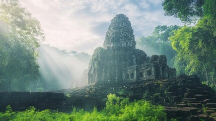 A wide shot of an ancient stone temple veiled in mist and surrounded by vibrant jungle greenery, exuding mystery and adventure