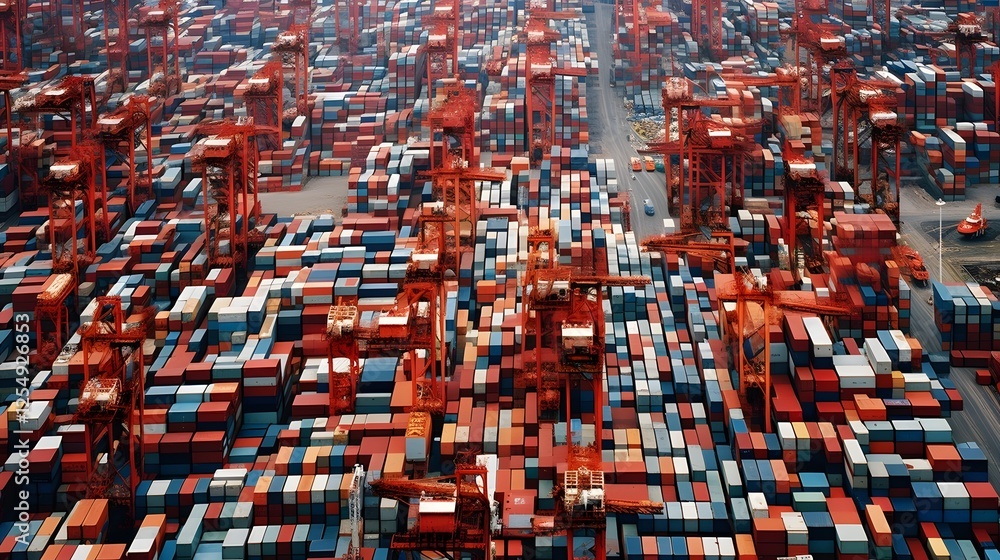 Poster aerial perspective of a massive shipping container yard with meticulously stacked containers showcas