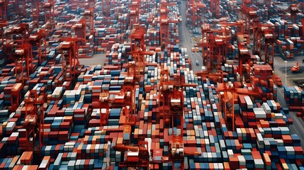 Obraz premium Aerial Perspective of a Massive Shipping Container Yard with Meticulously Stacked Containers Showcasing the Scale and Efficiency of Global Logistics