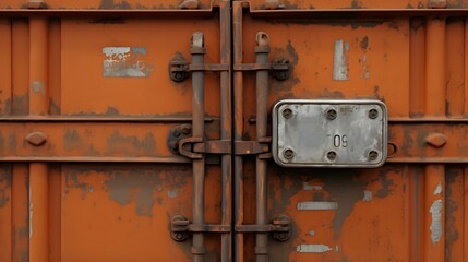 Detailed Close up Shot of a Sturdy Locked Metal Container Door with Prominent Textural Elements and Industrial Hardware