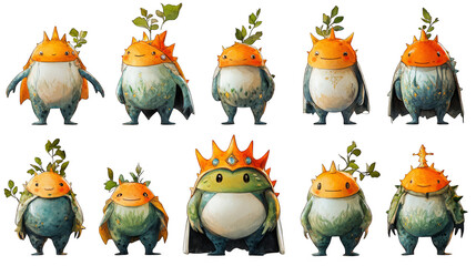 Colorful cartoon characters with plant elements charming creatures on transparent background