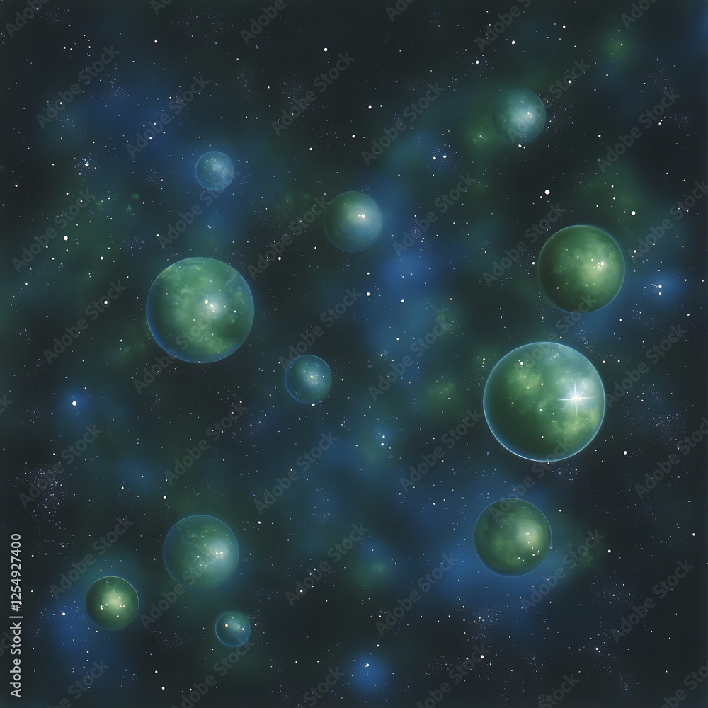 Poster cosmic green spheres floating in nebula space representing the multiverse and alternate realities