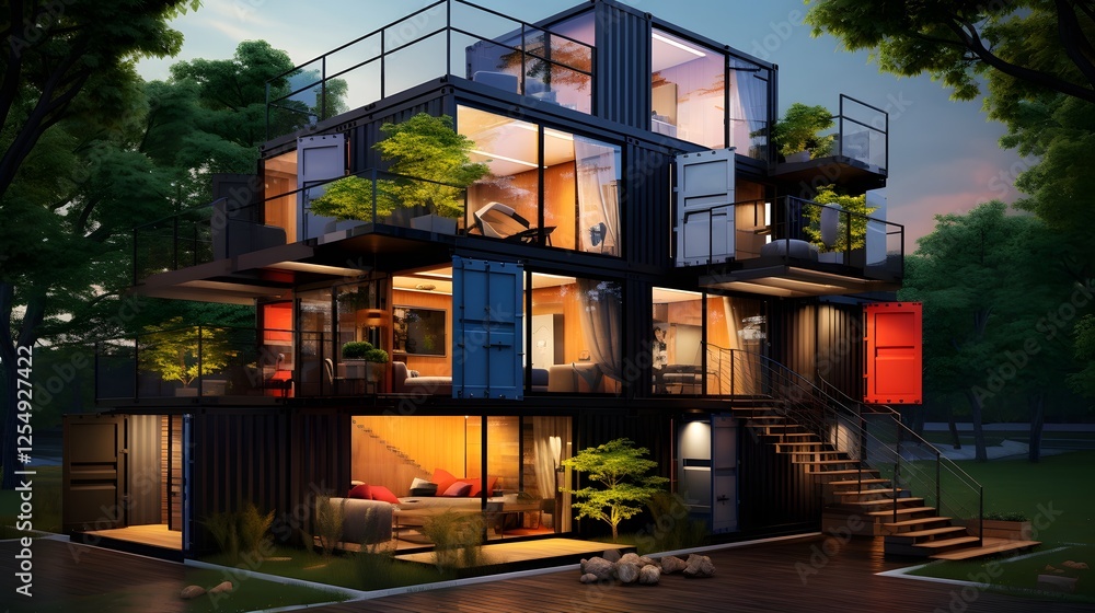 Poster modular home constructed from stacked shipping containers showcases a unique and sustainable archite