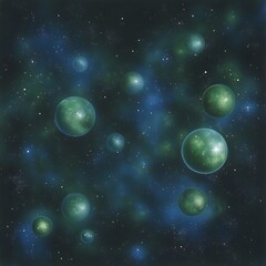 Naklejka premium Cosmic Green Spheres Floating in Nebula Space Representing the Multiverse and Alternate Realities