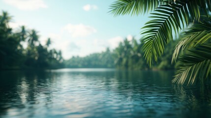 Obraz premium A serene river scene surrounded by lush greenery and palm trees under a clear sky, reflecting tranquility and natural beauty.