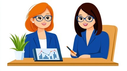 Obraz premium Two Smiling Businesswomen in Blue Suits Collaborate Using a Tablet Showing a Graph