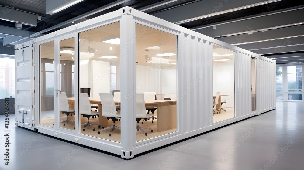 Poster a single white shipping container creatively repurposed and transformed into a sleek minimalist and 