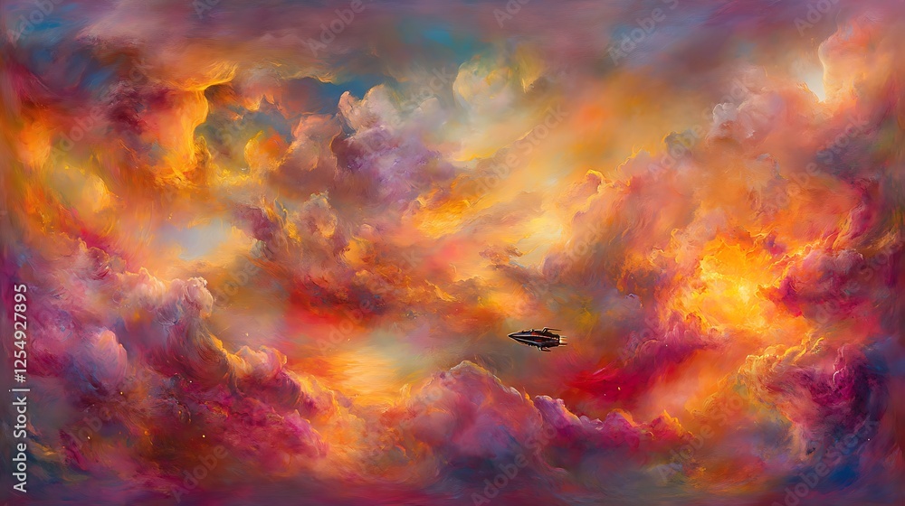 Poster cosmic journey through nebulae a spaceship navigating colorful clouds in a vibrant celestial landsca