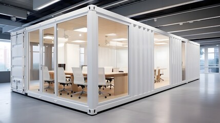 A single white shipping container creatively repurposed and transformed into a sleek minimalist and modern office workspace with clean interior design and efficient furniture layout