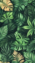 Fototapeta premium Dinosaur-themed jungle foliage illustration with lush greenery and tropical plants in detailed design