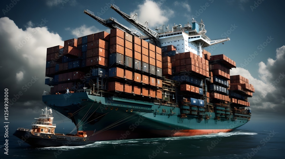 Poster a sleek and advanced futuristic cargo container ship effortlessly floating across the vast ocean sho