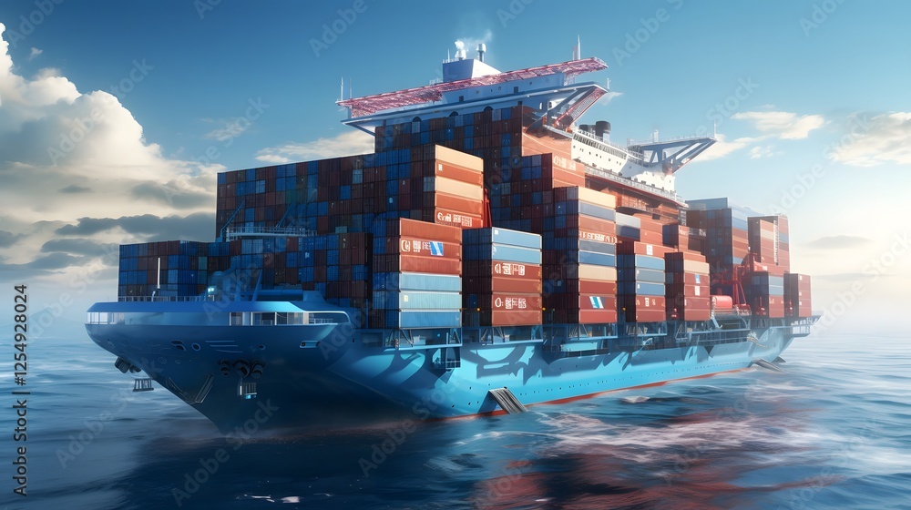 Poster futuristic floating cargo container ship carrying multiple cargo containers across the open ocean sh
