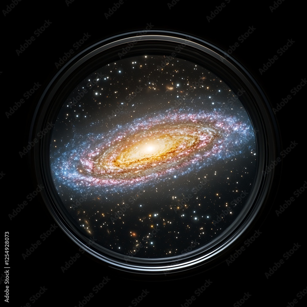 Aufkleber cosmic lens capturing distant galaxy wonders through a circular frame in deep space exploration
