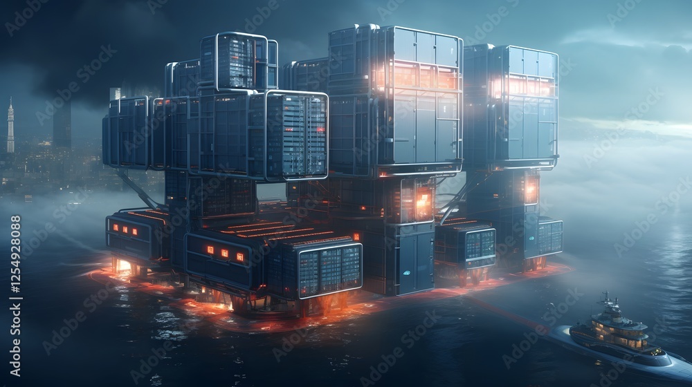 Poster a sleek and technologically advanced floating cargo container ship traversing the vast expanse of th