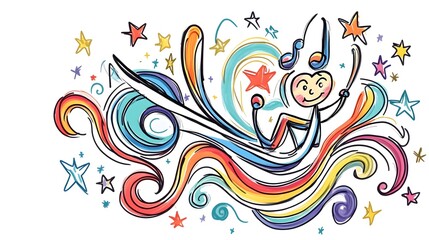 Stick figure conducting music on colorful swirls with stars