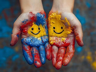 hands painted with bright colors and smiling faces, symbolizing joy, creativity, and expression