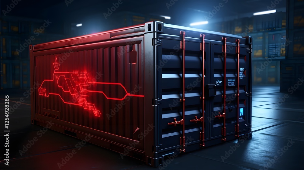 Poster digitally designed futuristic red container with a high tech tracking system for modern industrial l