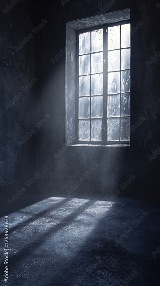 Poster light streaming through grungy window illuminating dark empty room with moody atmosphere