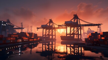 Obraz premium Cinematic view of a bustling shipping port at sunrise with towering cranes effortlessly lifting massive cargo containers