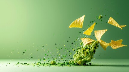 Chips flying with guacamole splash on green background