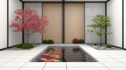 A serene garden scene featuring a pond with koi fish, surrounded by minimalist landscaping, including trees and decorative stones.