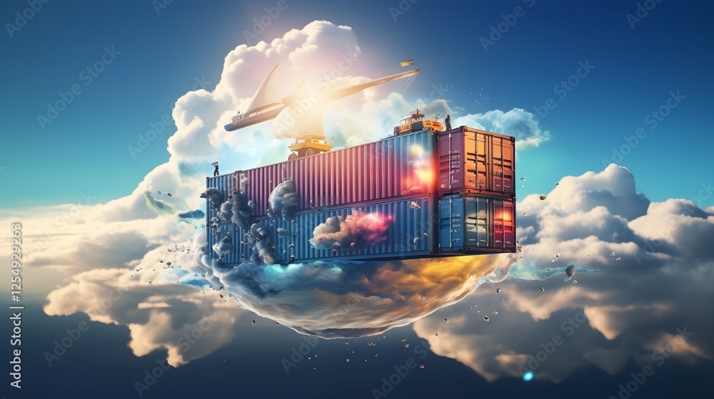 Poster digitally illustrated conceptual design of a futuristic cargo container equipped with advanced self 