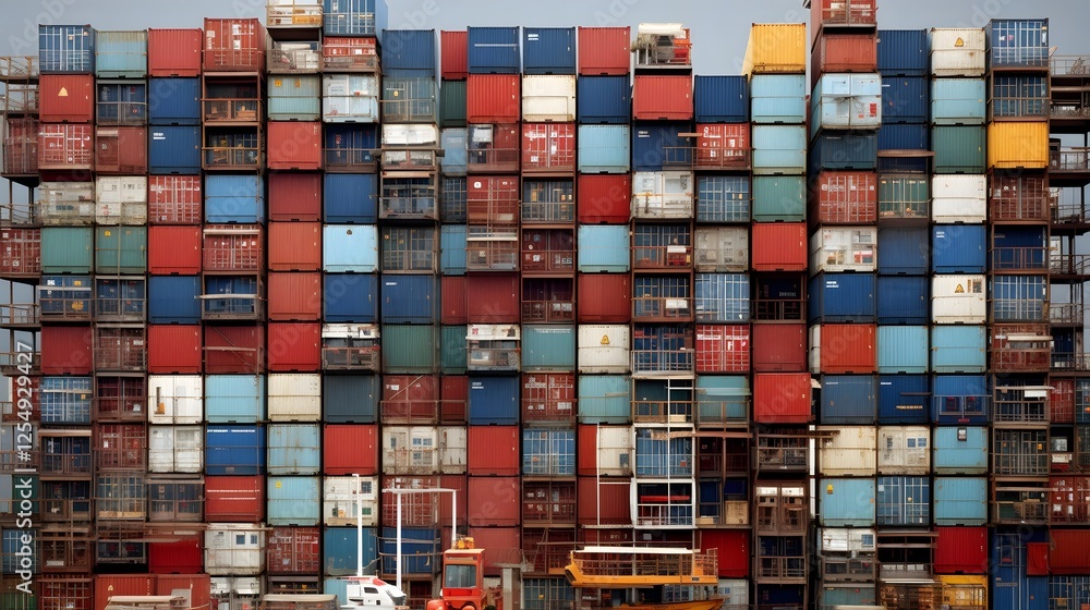 Poster aerial view of a massive industrial storage facility filled with neatly stacked shipping containers 