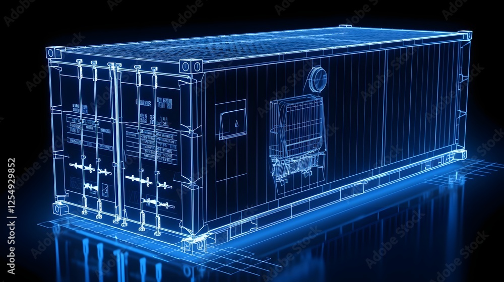 Aufkleber detailed 3d wireframe of a shipping container in a blueprint style design showcasing the technical a
