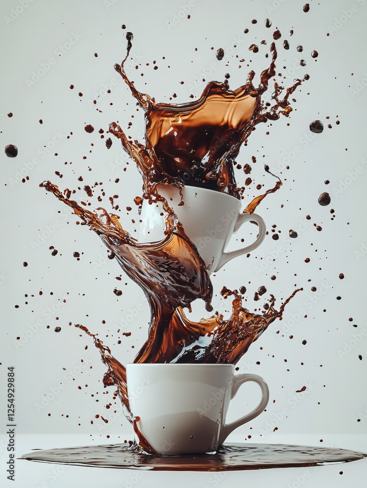 Poster dynamic coffee cascade three white cups in motion with splashing liquid on a clean background