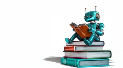 A robot sits on top of books and reads, isolated on a white background, symbolizing AI Agents, AI Assistant, and AI powered learning