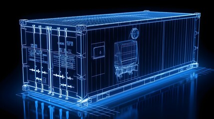 Detailed 3D wireframe of a shipping container in a blueprint style design showcasing the technical and geometric structure of this industrial cargo transportation and storage solution