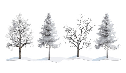 Winter landscape, vector illustration, snow-covered cut-out trees, 3D illustrations, PNG, seasonal scenery, frosty forest, cold weather, nature, holiday theme, white snow trees © aura studio