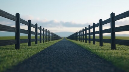 Obraz premium A tranquil pathway bordered by wooden fences leads towards distant hills under a clear sky, evoking serenity and rural beauty.