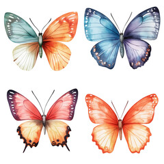 set of colorful butterflies isolated on transparent white background, clipping path