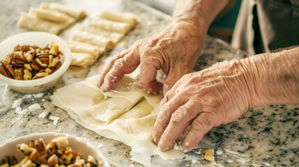 Elderly hands preparing homemade pastries with dough and chopped nuts. Concept of traditional baking, family recipes, culinary heritage. Perfect for food blogs, cookbooks, and nostalgic cooking themes