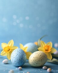 Fototapeta premium Delicate easter arrangement with spotted eggs and daffodils on a soft blue background
