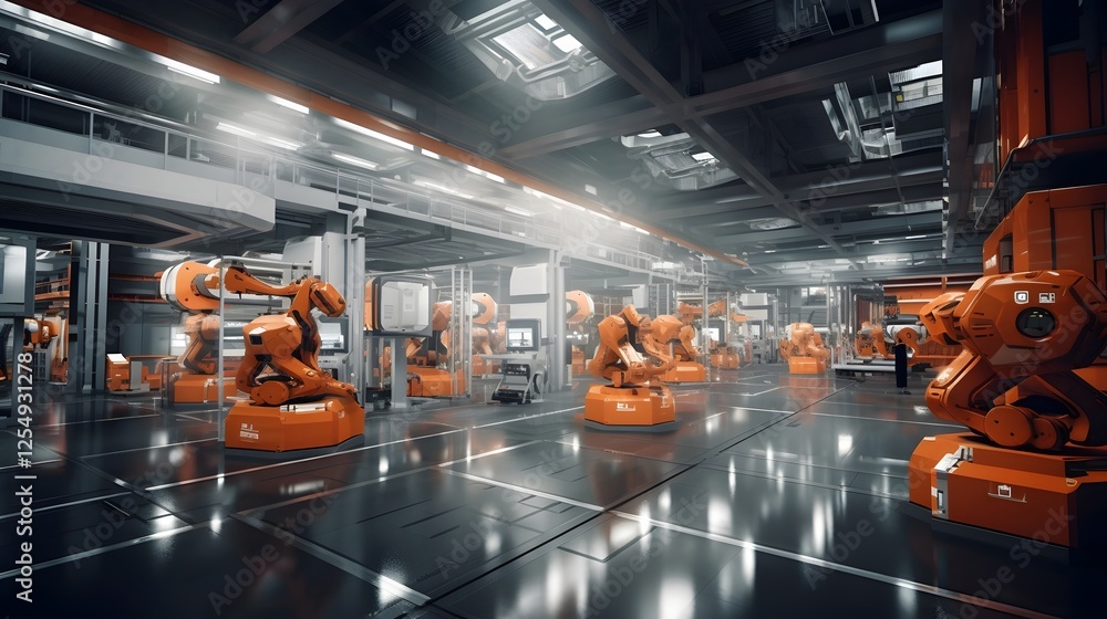 Poster robotic arms efficiently managing container logistics and automation in a modern high tech warehouse